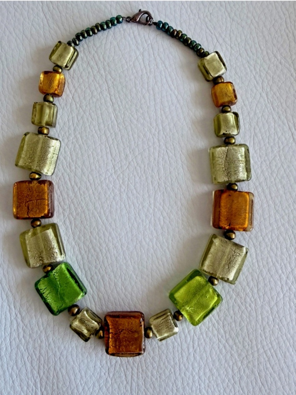 Murano Glass Necklace Square Foil Art Glass Beads Green Gold Amber Italy Vintage - Picture 3 of 8